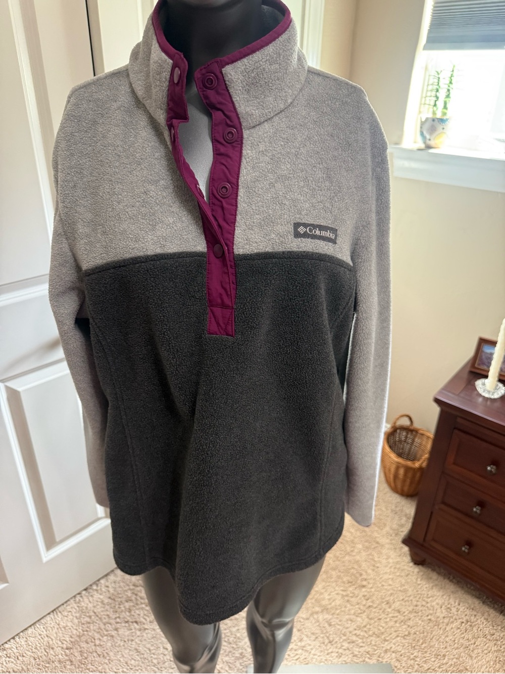 Columbia Two-Tone Cowl Pullover — Gray, Black & Berry Trim